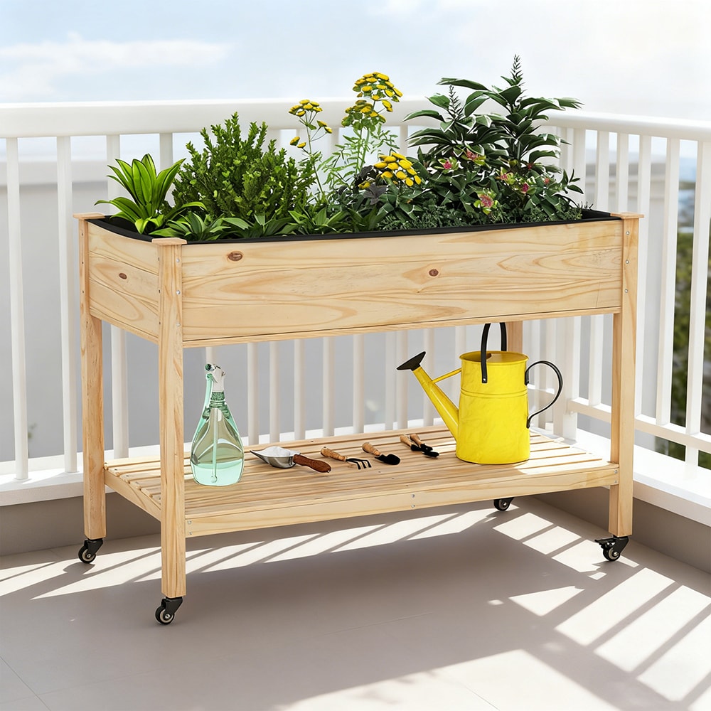 Wooden Raised Garden Bed With Legs And Lockable Wheels_maomaolike.com